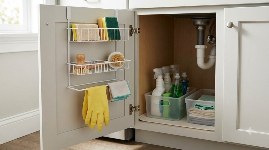 Over-the-door organizer on the inside of an under-sink cabinet door holding sponges and brushes