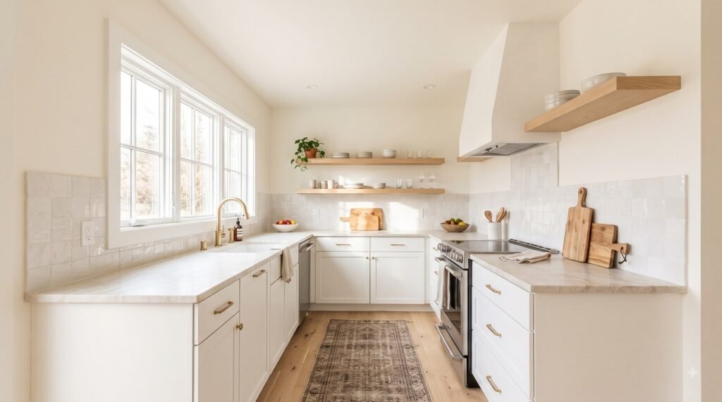 Small kitchen painted in warm off-white with seamless walls and ceiling making the space feel larger