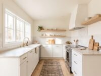 Small kitchen painted in warm off-white with seamless walls and ceiling making the space feel larger