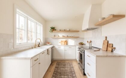 Small kitchen painted in warm off-white with seamless walls and ceiling making the space feel larger