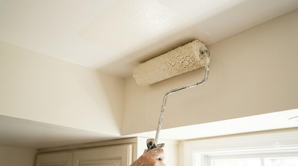 Paint roller applying the same warm off-white color to a kitchen ceiling and walls for a seamless look