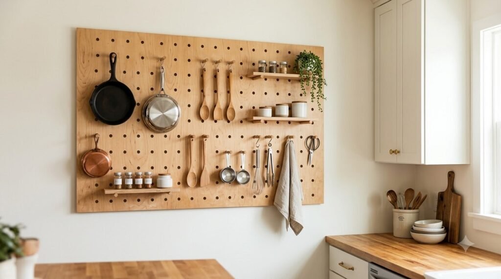 Pegboard wall panel in a small kitchen holding pots, pans, and utensils for vertical storage