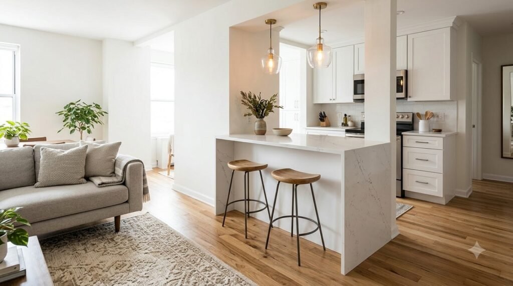 Peninsula divider separating the kitchen from the living area in a studio apartment with bar seating