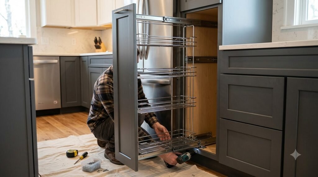 Pre-made chrome wire pull-out pantry unit installed in a narrow kitchen gap