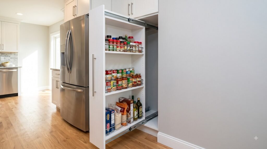 Custom slim pull-out pantry fully extended from a 12-inch gap beside a refrigerator