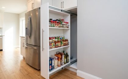 Custom slim pull-out pantry fully extended from a 12-inch gap beside a refrigerator