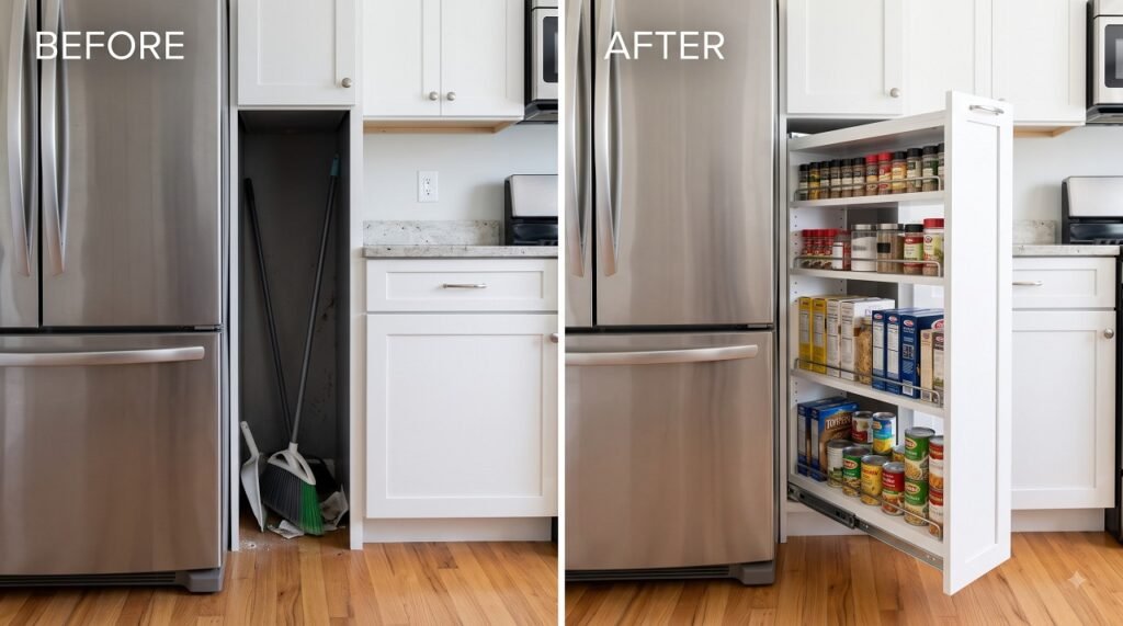 Before and after comparison of a 12-inch kitchen gap turned into a custom pull-out pantry