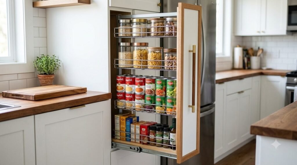 Slim pull-out pantry fully extended showing organized jars and dry goods in a small kitchen