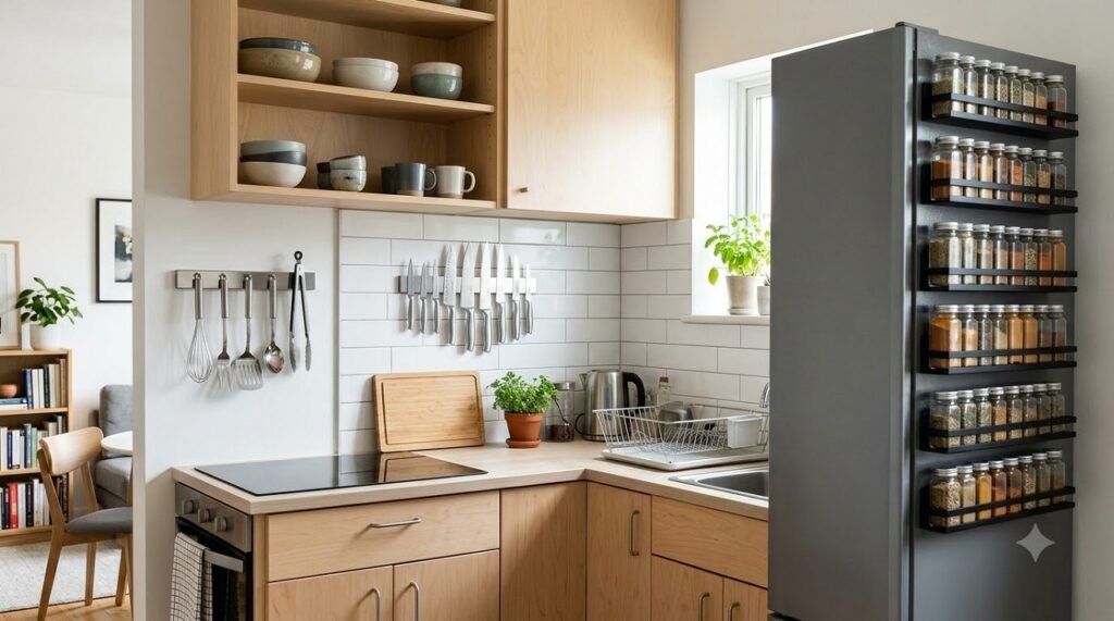 Rental-friendly magnetic storage solutions in a studio kitchen with no drill hole
