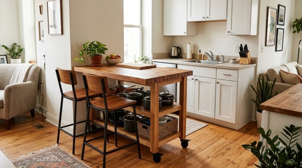 Rolling kitchen cart with butcher-block top acting as a rental-friendly peninsula divider in a studio