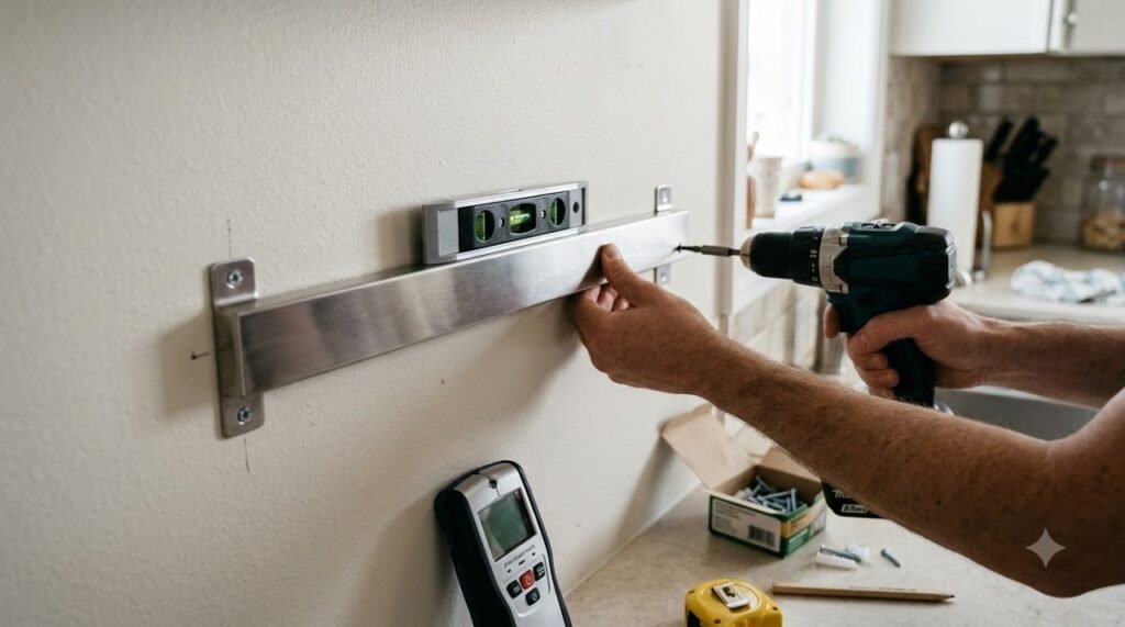 Screw-mounted magnetic rack being installed on a kitchen wall with stud finder and level