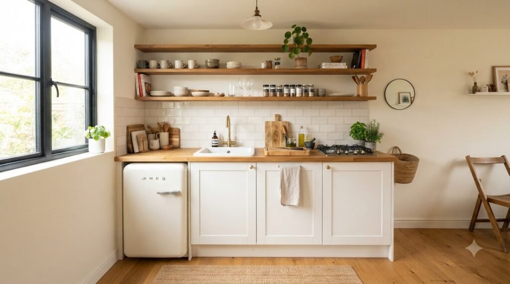 Single-wall kitchenette in a 5x5 room with under-counter fridge, sink, and domino hob in sequence
