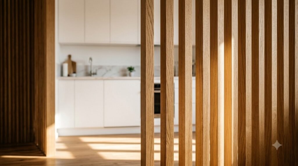 Floor-to-ceiling oak slatted screen partition dividing a studio apartment kitchen from the living space