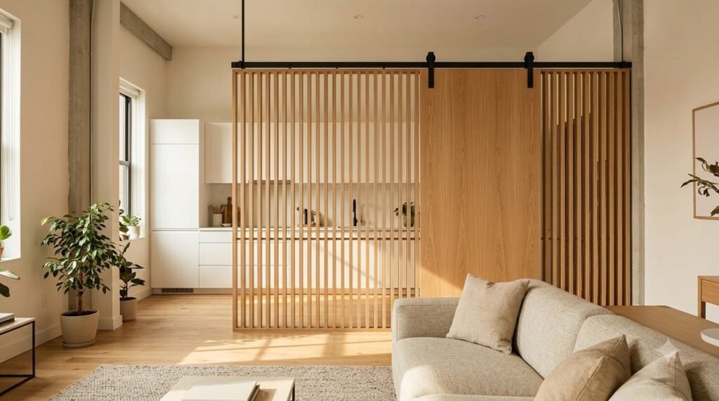 Slatted screen partition with a sliding panel partially closing off the kitchen in a studio apartment