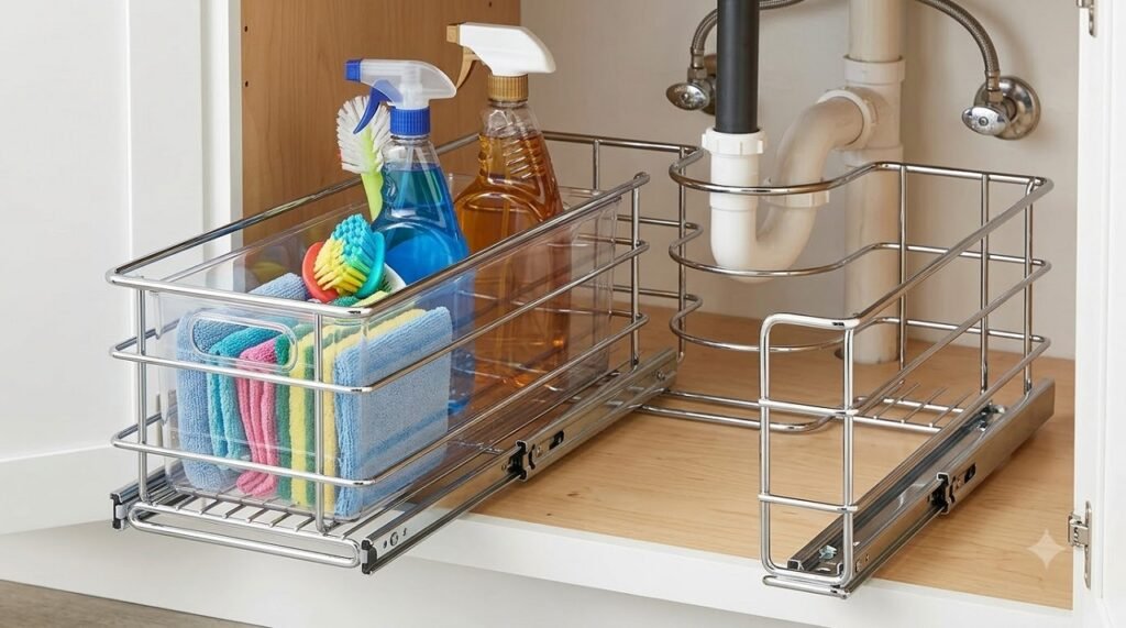 Sliding pull-out under-sink drawer with a U-shaped cutout designed to fit around plumbing