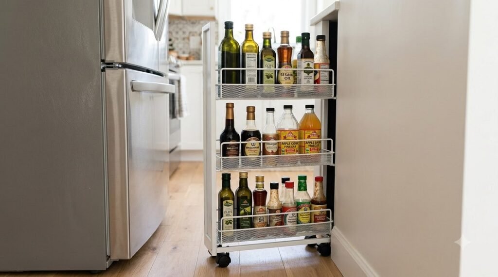 Slim rolling pull-out cart fitting into a narrow gap beside the refrigerator for kitchen storage