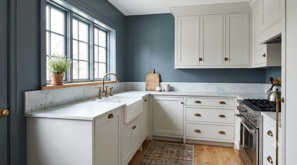 Small kitchen with smoky blue-gray walls, marble countertops, and brass hardware for depth and airiness