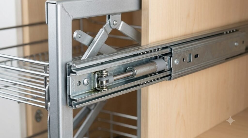 Soft-close mechanism on a Magic Corner cabinet pull-out system