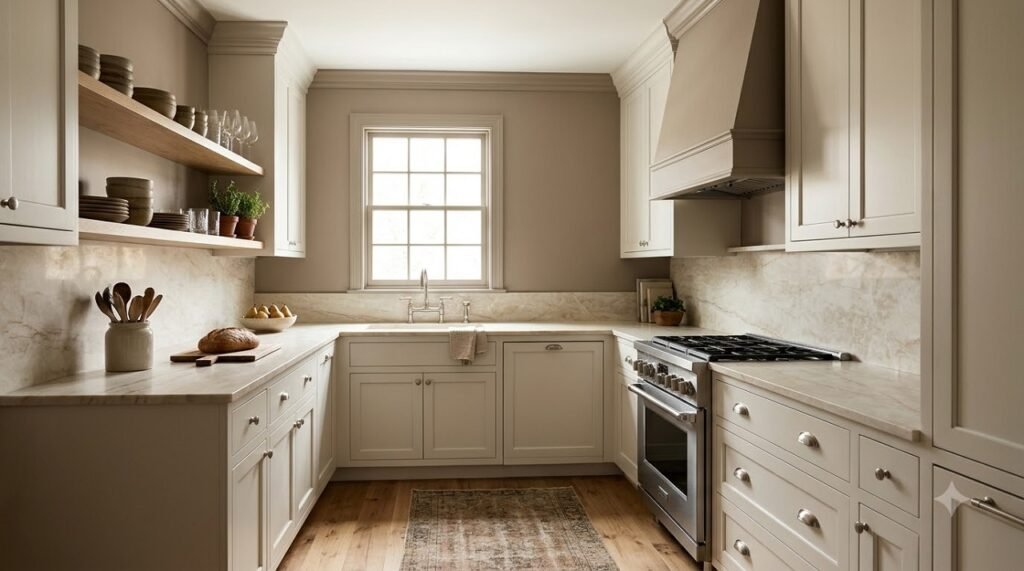 Small kitchen with soft mushroom warm taupe walls and white cabinets for a luxurious, cocooning look