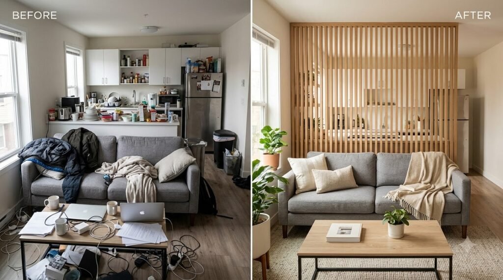 Before and after comparison of a studio apartment with a slatted screen kitchen divider added