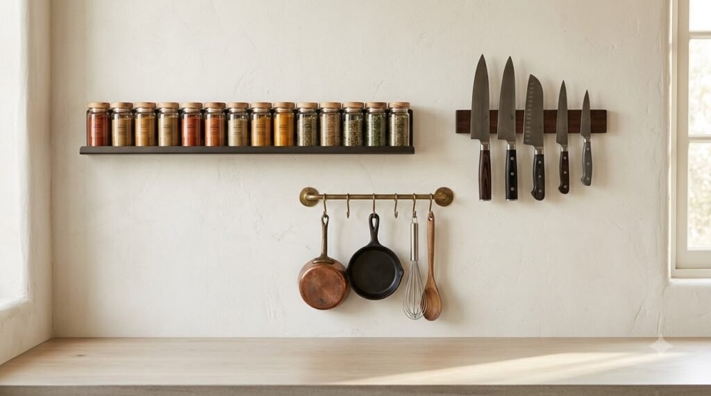 Styled kitchen wall with magnetic spice rack, knife strip, and pot rail with matching glass jars