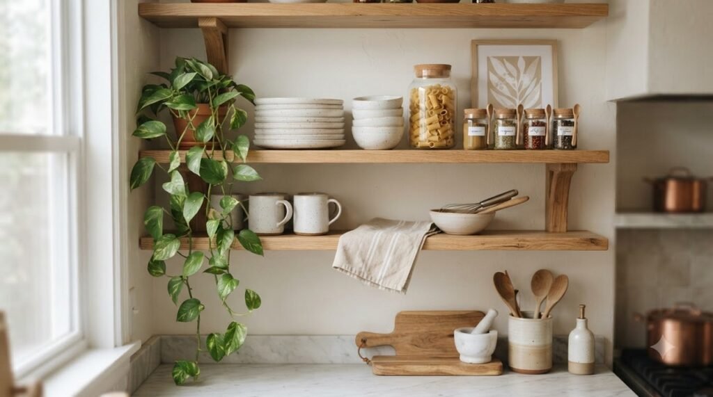 Styled open shelving in a small kitchen with matching ceramics, glass jars, and a trailing plant