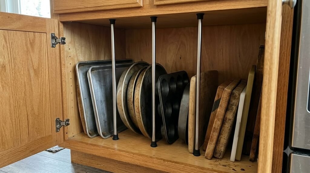 Tension rod divider inside a kitchen cabinet organizing baking sheets and cutting boards vertically