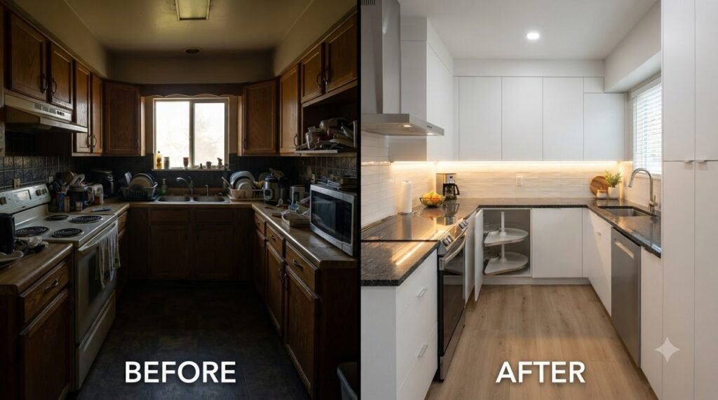 Before and after comparison of a 10x10 U-shaped kitchen renovation showing transformation