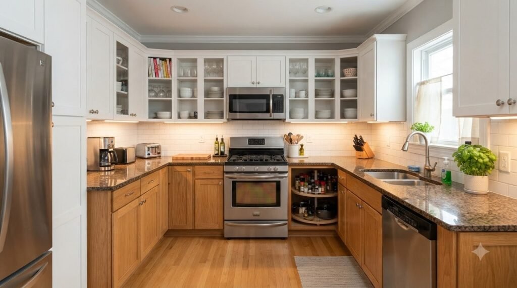 U-shaped kitchen layout in a 10x10 room with three walls of cabinetry and efficient work zone