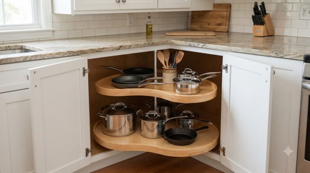 Lazy Susan corner cabinet solution in a U-shaped kitchen maximizing storage in small spaces