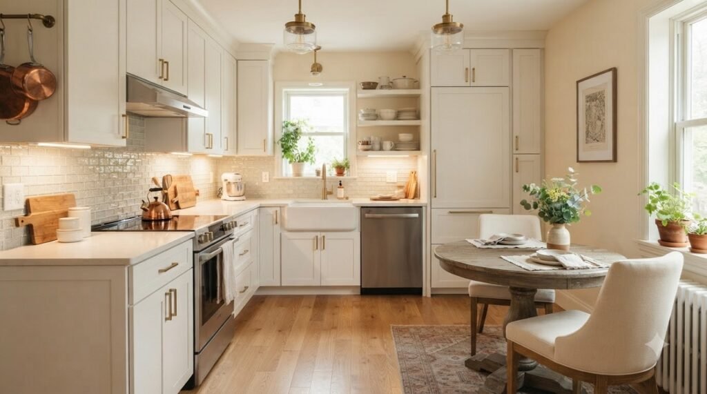 U-shaped kitchen with a small dining nook at the open end of the U-shaped layout
