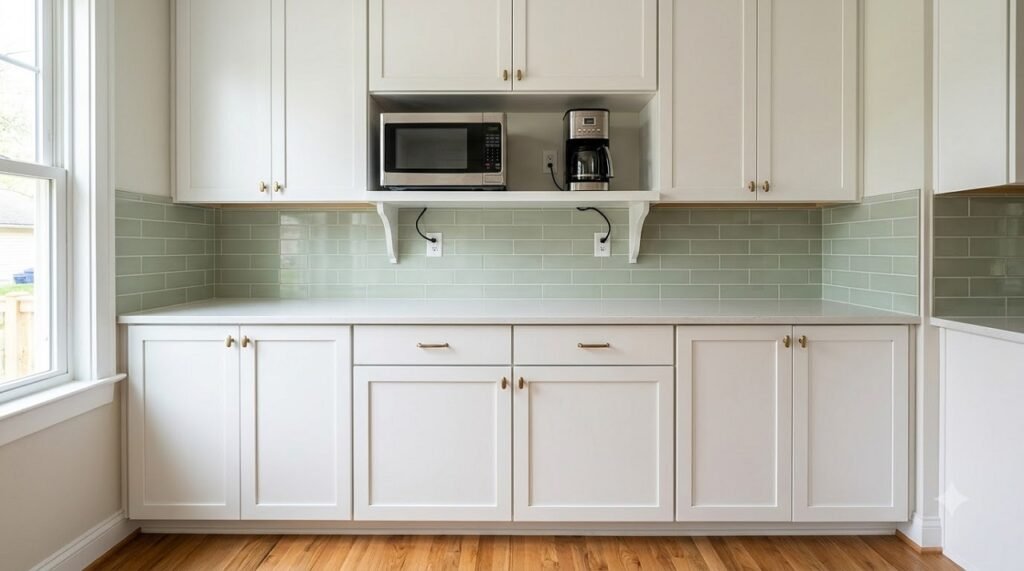 Under-cabinet appliance shelf holding a microwave and coffee maker to free up counter space