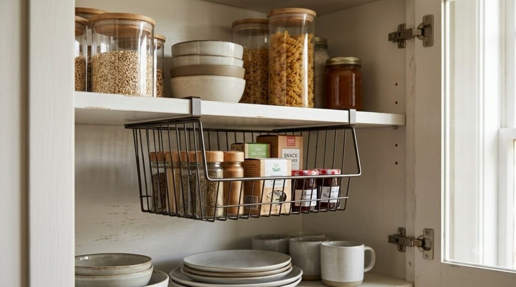 Under-shelf wire basket in a kitchen cabinet creating a second tier of storage