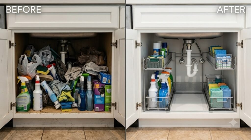 Before and after comparison of an under-sink cabinet organized with a pull-out drawer around plumbing