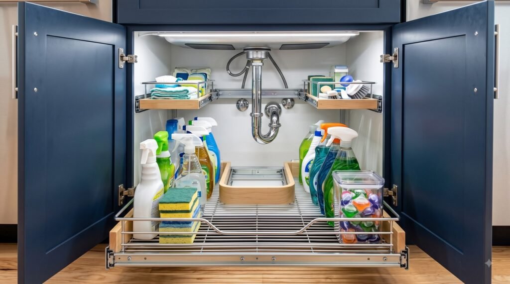 Two-tier sliding pull-out under-sink organizer with a U-shaped cutout fitting around the P-trap
