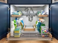 Two-tier sliding pull-out under-sink organizer with a U-shaped cutout fitting around the P-trap