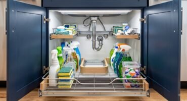 Two-tier sliding pull-out under-sink organizer with a U-shaped cutout fitting around the P-trap