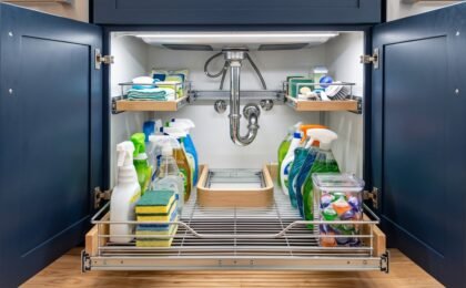 Two-tier sliding pull-out under-sink organizer with a U-shaped cutout fitting around the P-trap