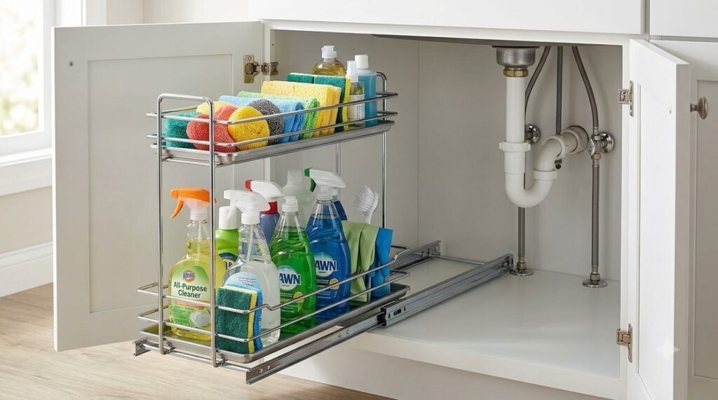 Two-tier under-sink pull-out organizer working around plumbing to maximize cabinet storage