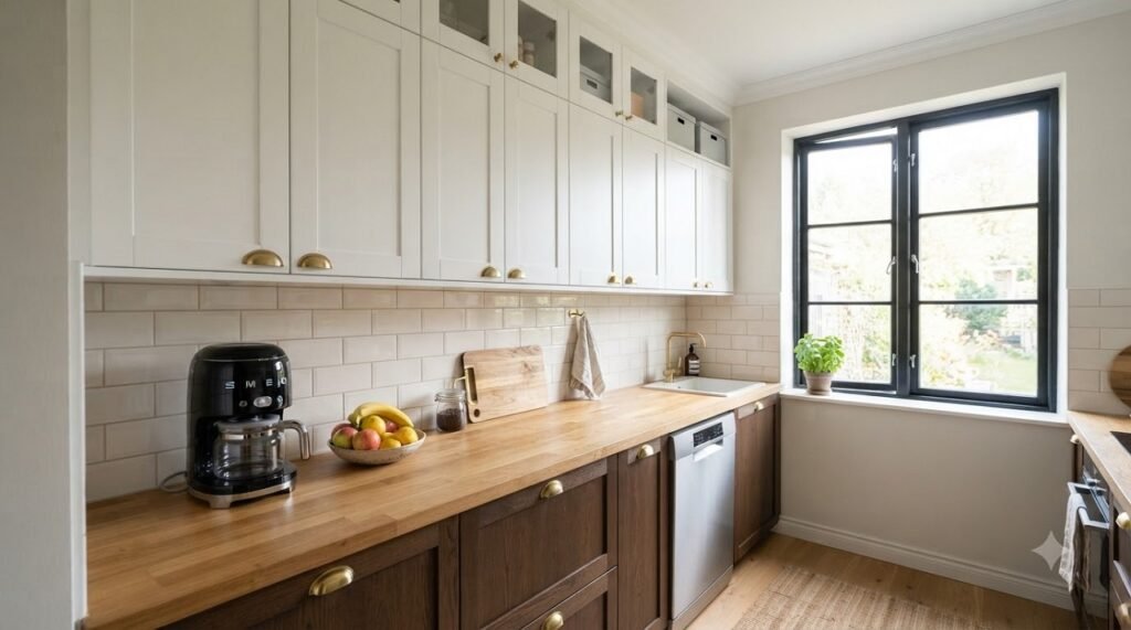 White upper cabinets in a small kitchen maximizing storage with shaker doors and brass handles