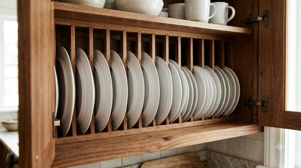 Vertical plate rack inside a kitchen cabinet storing plates upright to save shelf space