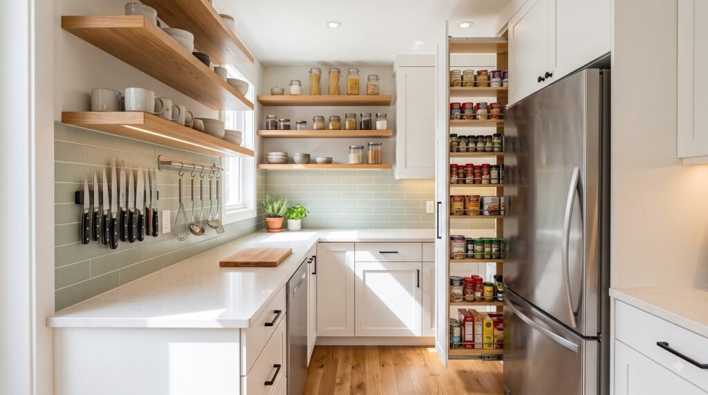 Small kitchen with vertical storage solutions including magnetic knife strip, wall rail, and floating shelves freeing up countertops