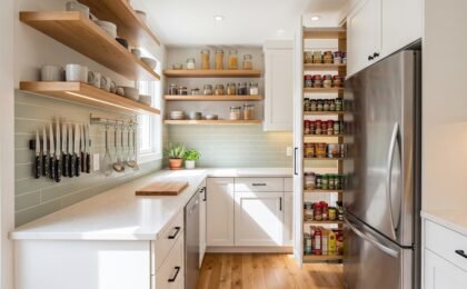 Small kitchen with vertical storage solutions including magnetic knife strip, wall rail, and floating shelves freeing up countertops