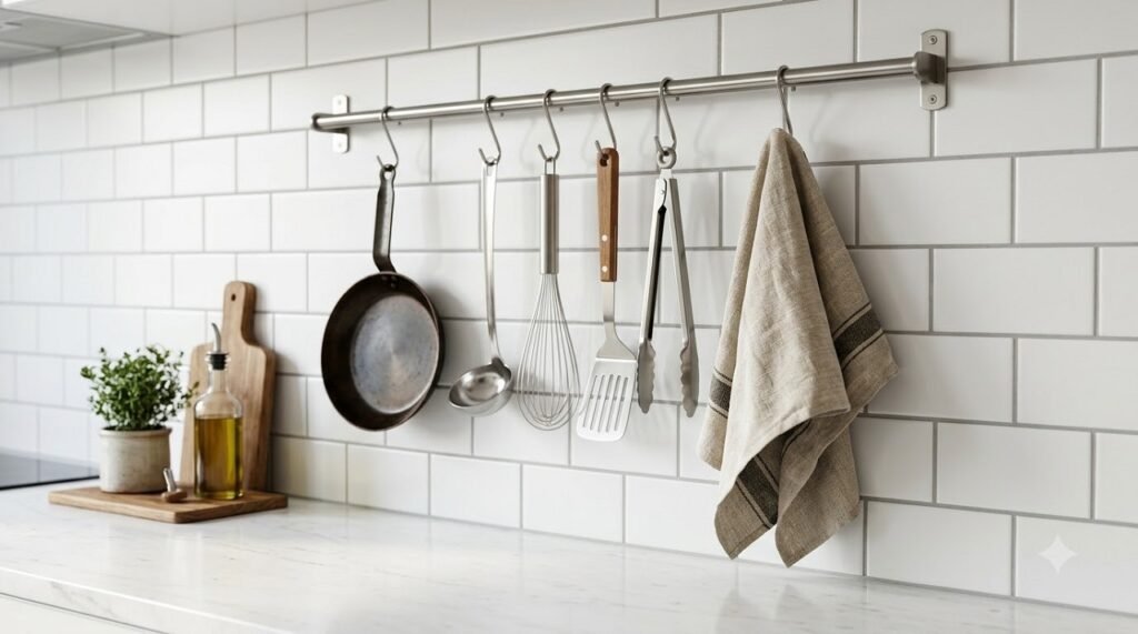 Wall-mounted rail with S-hooks holding utensils and pans to free up counter space in a small kitchen