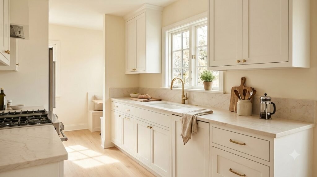 Small kitchen with warm ivory walls and white cabinets for a bright, inviting glow