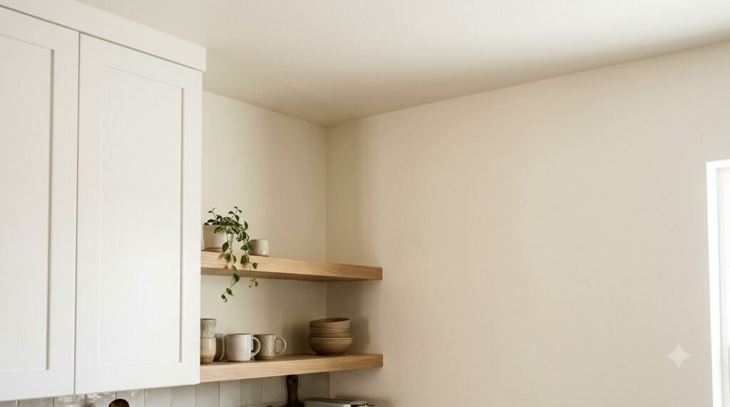 Warm off-white walls and ceiling painted in the same color to create a seamless envelope in a small kitchen