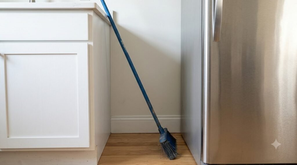 Empty 12-inch gap between a refrigerator and kitchen cabinet representing wasted storage space