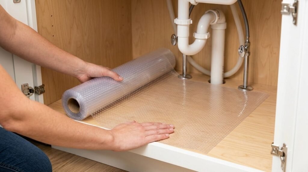 Waterproof shelf liner being installed on the bottom of a kitchen cabinet to protect against leaks