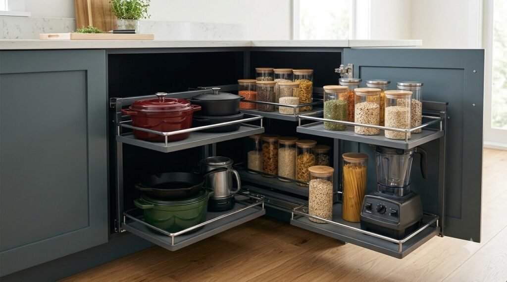 Magic Corner system loaded with heavy pots, appliances, and pantry items
