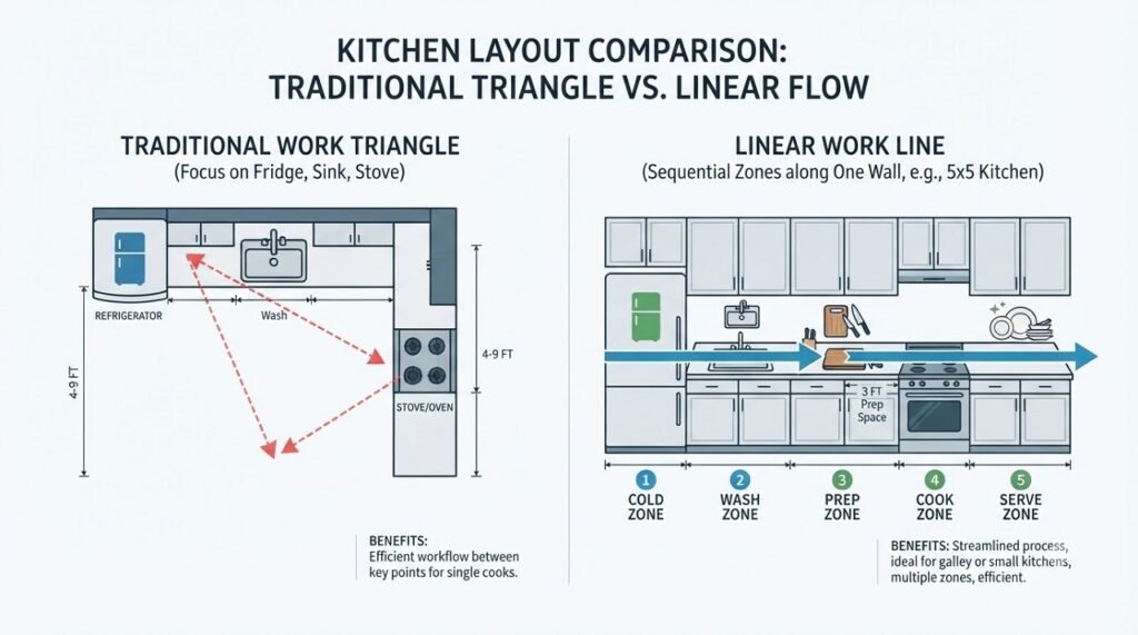 Comparison of traditional work triangle versus linear work line design for a 5x5 kitchen